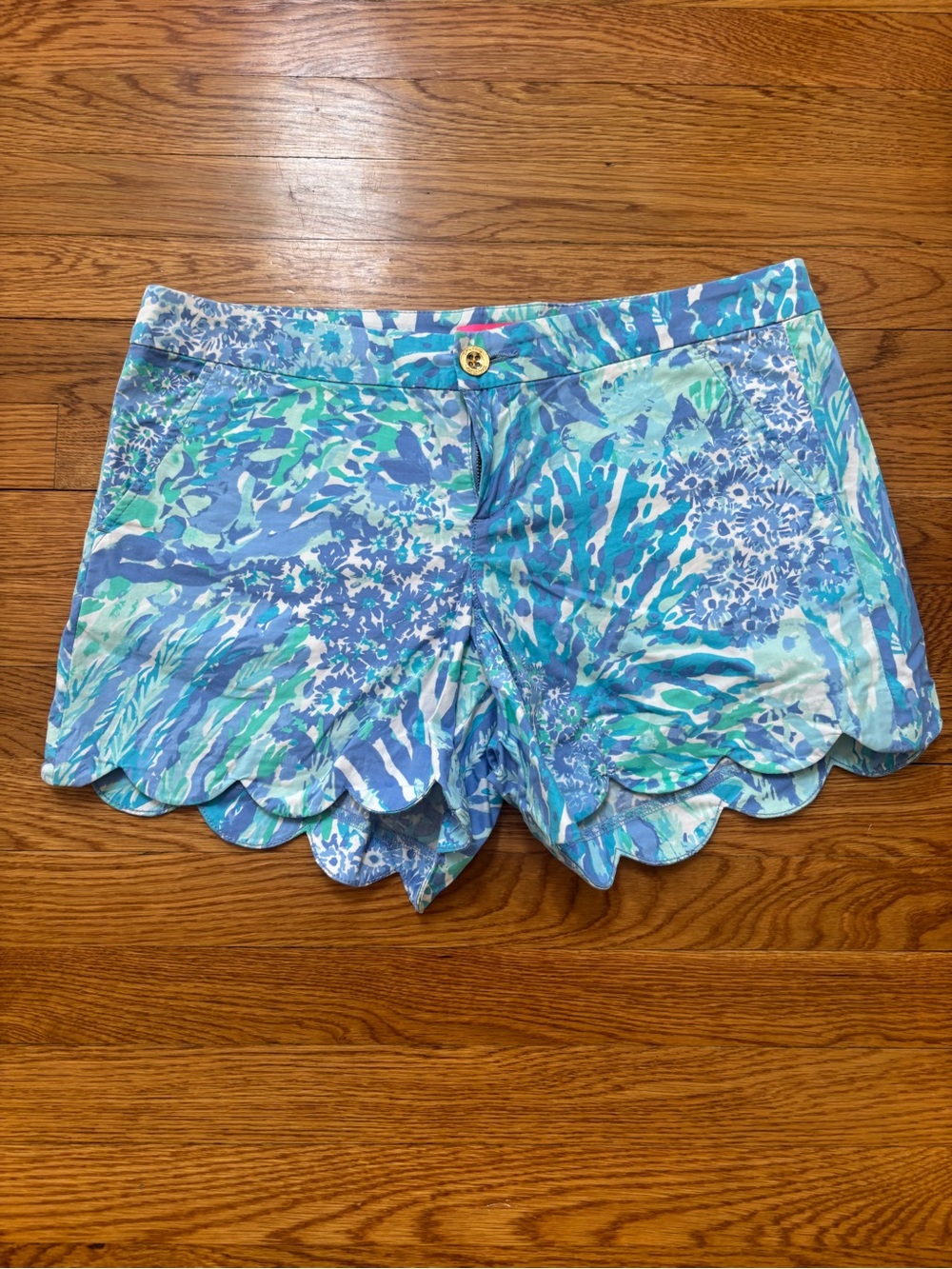 Lilly Pulitzer Blue & Green Floral Scalloped Hem High Waist Shorts